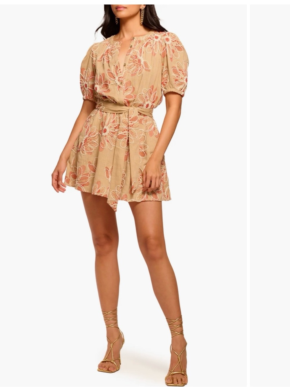 Selby Belted Floral Embroidered Puff Sleeve Minidress In Natural Fleur
